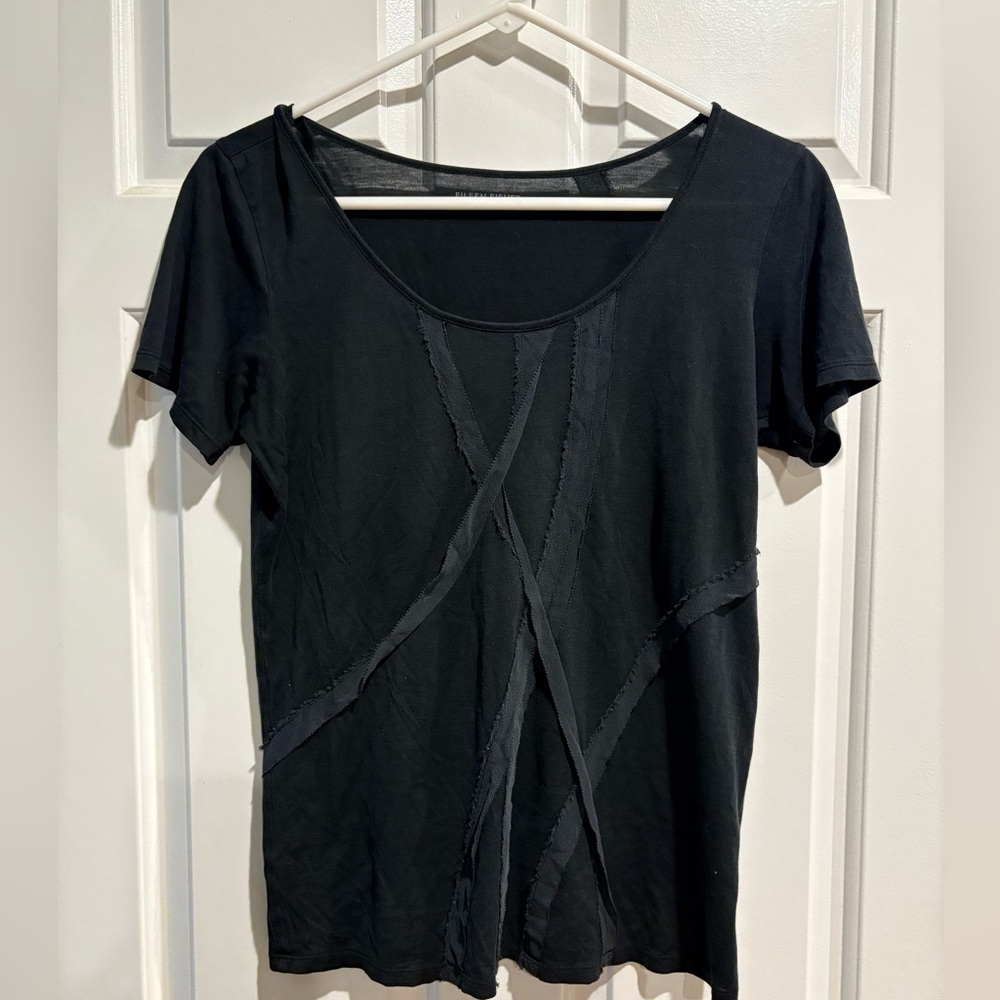 Eileen Fisher silk cotton blend tshirt top silk ribbons sz M BLACK